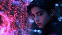 Young Asian male with intense gaze in dramatic neon lighting against dark background. Pink and purple illumination creates mysterious cyberpunk atmosphere. Artistic portrait with glowing effects.