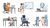 Cats working in office environment with laptops, desks, and business supplies, isolated on white background, suitable for corporate design, clipart, and business-themed projects.