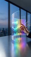 Businessman hand touching transparent holographic display with colorful financial charts, graphs and data analytics on office table with city skyline view for business technology concepts.
