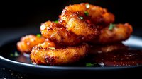 Crispy fried shrimp in sweet chili sauce garnished with green onions on black plate against dark background, dramatic food photography with selective focus.