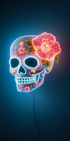 Glowing neon sugar skull with pink rose and floral decorations on dark blue background, featuring luminous details and traditional Mexican folk art style.