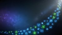 Digital technology icons flowing in curved stream across dark blue gradient background for business presentations and tech concepts.