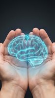 Protective hands holding glowing blue brain hologram representing mental health care, neuroscience research, artificial intelligence and cognitive protection.