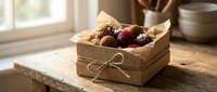Assorted chocolate truffles and confections arranged in kraft paper box with twine bow on rustic wooden surface near window, suitable for bakery, confectionery, and food styling projects.