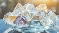 Healing crystals and mineral stones in glass bowl with natural sunlight. Raw amethyst, quartz and citrine specimens showcase translucent surfaces and facets.