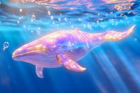 Luminous whale swimming in deep blue ocean waters with sunbeams penetrating surface, creating magical underwater atmosphere with bubbles and colorful reflections.