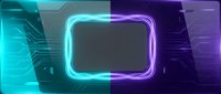 Neon glowing frame with cyan and purple lights on dark tech background, suitable for digital design, gaming, and modern tech presentations.