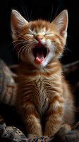 Adorable ginger kitten yawning with eyes closed against dark background, perfect for pet care advertising or emotional content about cats and animal wellness.