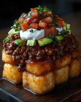 Crispy polenta squares topped with seasoned ground beef, fresh avocado, sour cream and diced tomato salsa. Mexican-inspired appetizer served on dark plate.