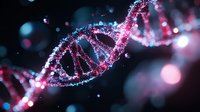 Glowing DNA strand with pink and blue particles on dark background, genetic research concept with bokeh light effects and molecular structure visualization.