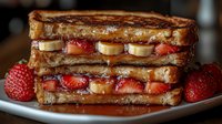 Grilled sandwich filled with fresh strawberries, sliced bananas, and melted chocolate between golden-brown bread slices, drizzled with caramel sauce on white plate.