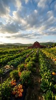 Organic farm with red barn and pumpkin patch under dramatic cloudy sky at sunset, rural agriculture landscape with fresh vegetables and harvest crops.