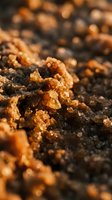 Macro close-up of golden and dark mineral crystals with warm amber lighting, showcasing geological formations and natural textures for scientific and educational content.