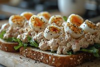 Open-faced sandwich with tuna salad, fresh arugula and sliced soft-boiled eggs topped with black pepper and seasonings on whole grain bread, macro food photography.