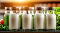 Fresh milk bottles and green smoothie arranged in row with natural ingredients on wooden table, healthy dairy and detox drinks in glass containers.
