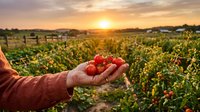Farmer holding fresh red tomatoes in hand at sunset over agricultural field with crops growing in rows during harvest season.