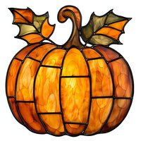 Orange stained glass pumpkin with green leaves, geometric segments creating mosaic effect, glowing warm autumn design on white background, isolated artwork.
