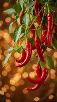 Fresh red chili peppers hanging on plant with green leaves against warm bokeh background for culinary cooking spice ingredient harvest garden organic food.