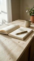 Open notebook with pen on wooden desk beside mug and potted plant, bathed in natural sunlight from window, ideal for writing, journaling, education, and creative workspace concepts.