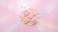 Soft pink peonies, ranunculus, and carnations arranged in a flat lay bouquet on a pastel gradient background, perfect for spring and wedding designs.