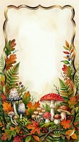 Vintage autumn frame with mushrooms, fall foliage, and ferns on cream background. Ornate gold border with woodland botanical elements. Ready for invitations, cards, and design projects.