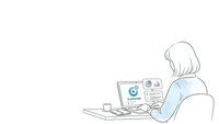 Young woman working on laptop computer at desk with coffee cup in minimalist line art style for business and remote work concepts.