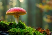 Vibrant red fly agaric mushroom with water droplets growing on moss in a dreamy forest with bokeh background, perfect for nature publications.