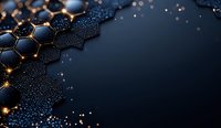 Abstract dark blue background with glowing golden hexagonal structure and water droplets, creating modern technological or scientific atmosphere.