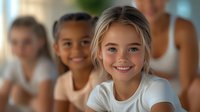 Diverse group of smiling children in white t-shirts at school or summer camp, focus on blonde girl in foreground, blurred background creates depth of field effect.