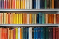 Colorful books arranged by spectrum on white bookshelves, creating vibrant rainbow pattern of spines in red, orange, yellow, green, and blue.