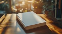 Hardcover book with blank white cover on wooden table in warm sunlight with bokeh background, creating atmospheric mood for reading and literature concept.
