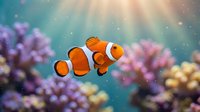 Clownfish swimming among colorful coral reef with sunlight rays filtering through water, suitable for marine life, aquarium, and ocean-themed designs.