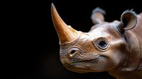 Close-up portrait of rhinoceros head against dark background showing detailed texture of horn, skin, and expressive eye in dramatic lighting.