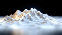 Ethereal mountain peaks emerge through misty clouds, glowing with soft illumination against dark background, creating dramatic atmospheric landscape effect.