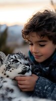 Young boy with curly dark hair gently embraces snow leopard cub at sunset, creating magical connection between child and wild nature in warm evening light.