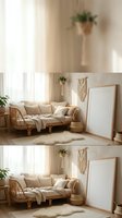 Cozy boho living room with rattan sofa, neutral cushions, macrame wall art, plants and blank frame mockup for interior design and home decor projects.