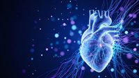 Digital human heart with glowing neural networks and energy particles on dark blue background for medical technology and healthcare innovation concepts.