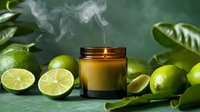 Aromatic soy candle with fresh cut limes and green leaves on dark background, smoke rising from extinguished wick creates relaxing spa atmosphere.