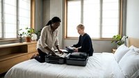 Mature couple packing luggage on bed in bright bedroom with windows, preparing for travel or relocation, domestic lifestyle moment.
