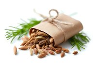 Organic cumin seeds spilling from kraft paper package with fresh dill sprigs on white background, aromatic spice ingredient for cooking and seasoning.