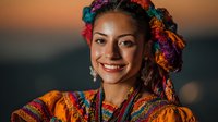 Young Hispanic woman with colorful dreadlocks and traditional embroidered clothing smiling at sunset, representing cultural heritage and diversity.