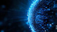 Digital sphere made of glowing blue particles and light rays creating futuristic network visualization, representing global data connections and technology.