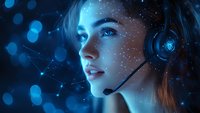 Young woman in headset illuminated by blue neon light against dark background with bokeh effect and glowing particles, side view profile portrait.