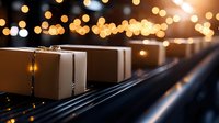 Cardboard packages moving on automated conveyor belt system in modern warehouse with warm bokeh lighting creating efficient logistics atmosphere.