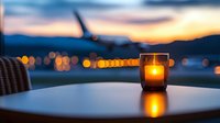 Glowing candle in glass holder on outdoor table at sunset with blurred city lights and mountain silhouettes creating romantic evening ambiance.