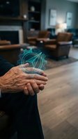 Elderly hands holding holographic gear symbol representing innovation and technology in modern living room setting for business presentations.