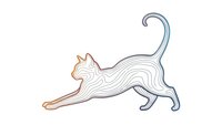 Elegant cat stretching in graceful pose with flowing lines and soft pastel colors on white background isolated for design projects and creative artwork.