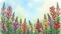 Watercolor snapdragon flowers in pink, orange, purple, and red bloom against a soft blue sky background, creating a vibrant floral garden scene.