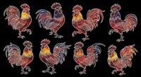 Rooster clipart collection featuring eight colorful isolated roosters with detailed feather patterns in red, gold, and black tones on transparent background, ready for t-shirt designs, stickers, and print-on-demand projects.