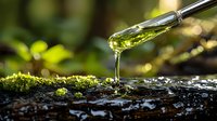 Glass dropper releasing green essential oil or natural extract onto wet moss-covered surface with bokeh background and sunlight effects. Aromatherapy concept.